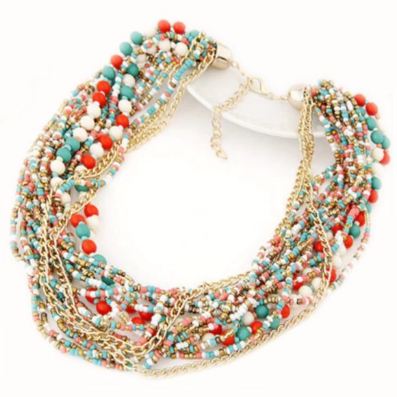 SEED BEAD Multi Strand Statement Necklace Teal Red White Coral NEW! 497A1 - Picture 6 of 9